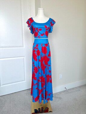 Tropical Maximalist Floral Set: Ruffle Crop Top + High-Rise Maxi Skirt